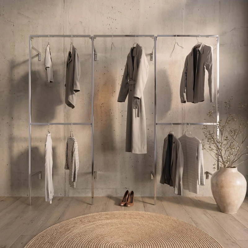 Frame Chrome Walk-In système de dressing en 3 rangées - (2 rails / 1 rail / 2 rails) portant complet en chrome
