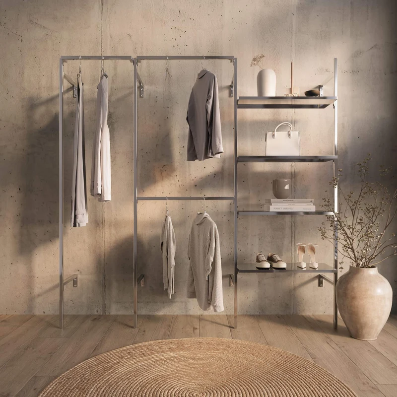 Frame Chrome Walk-In système de dressing en 3 rangées - (1 rail / 2 rails / 4 étagères) solution de dressing complète en chrome