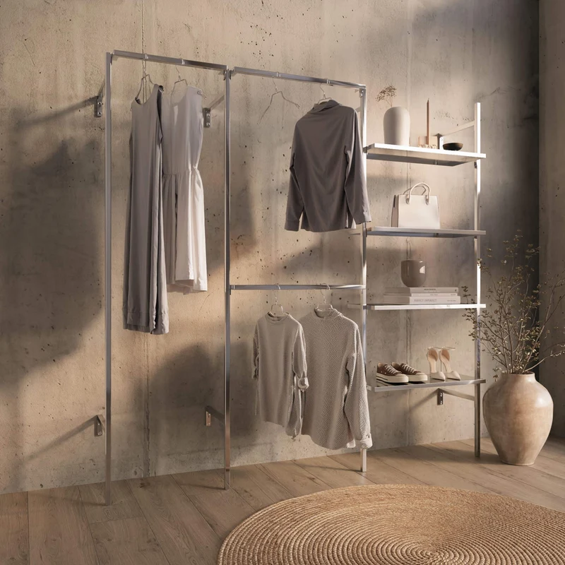 Frame Chrome Walk-In système de dressing en 3 rangées - (1 rail / 2 rails / 4 étagères) solution de dressing complète en chrome