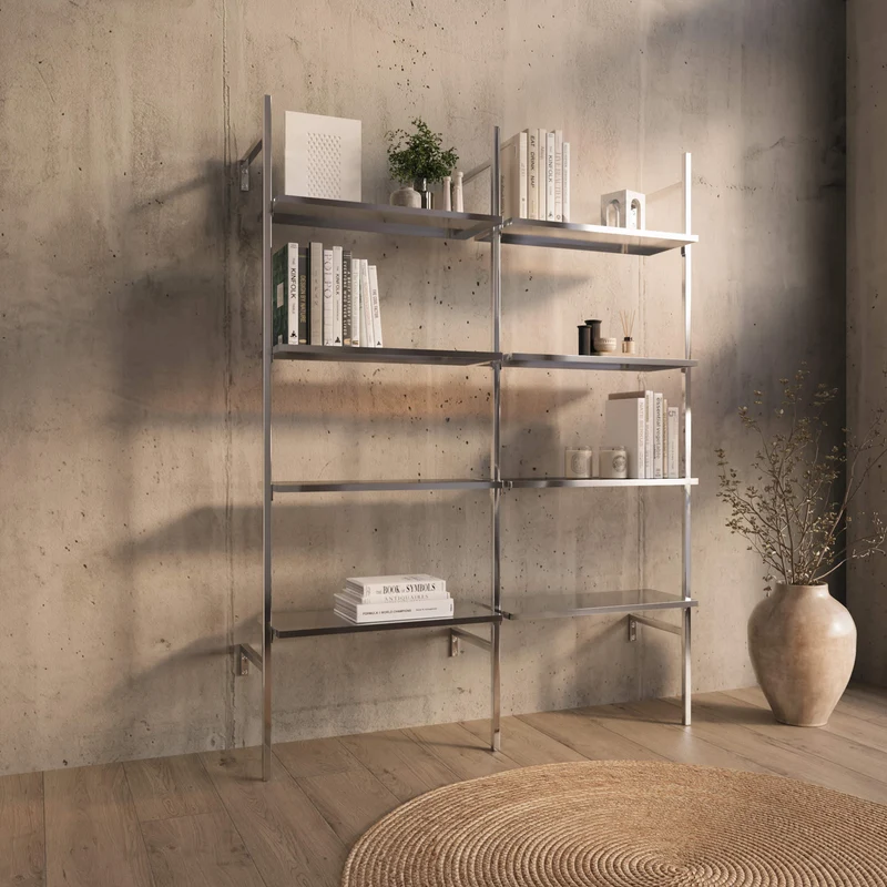 Frame Chrome Walk-In système de dressing en 2 rangées - (4 étagères / 4 étagères) système de rangement flexible en chrome