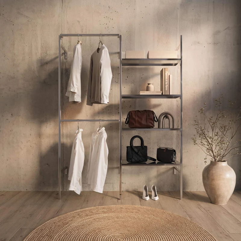 Frame Chrome Walk-In système de dressing en 2 rangées - (2 rails / 4 étagères) portant flexible en chrome