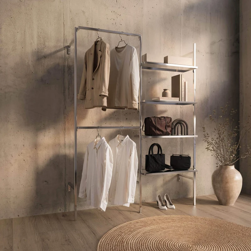 Frame Chrome Walk-In système de dressing en 2 rangées - (2 rails / 4 étagères) portant flexible en chrome