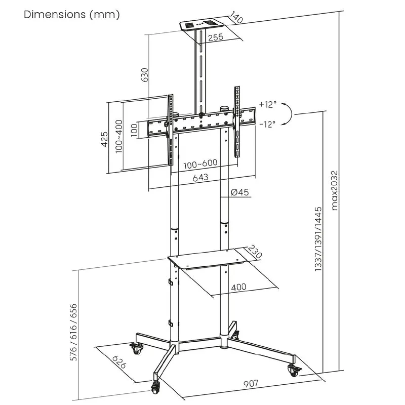 Maclean TV stand / cart, camera shelf, on wheels, 37-70", max load 45kg/5kg shelf, max. VESA 600x400, MC-113 B