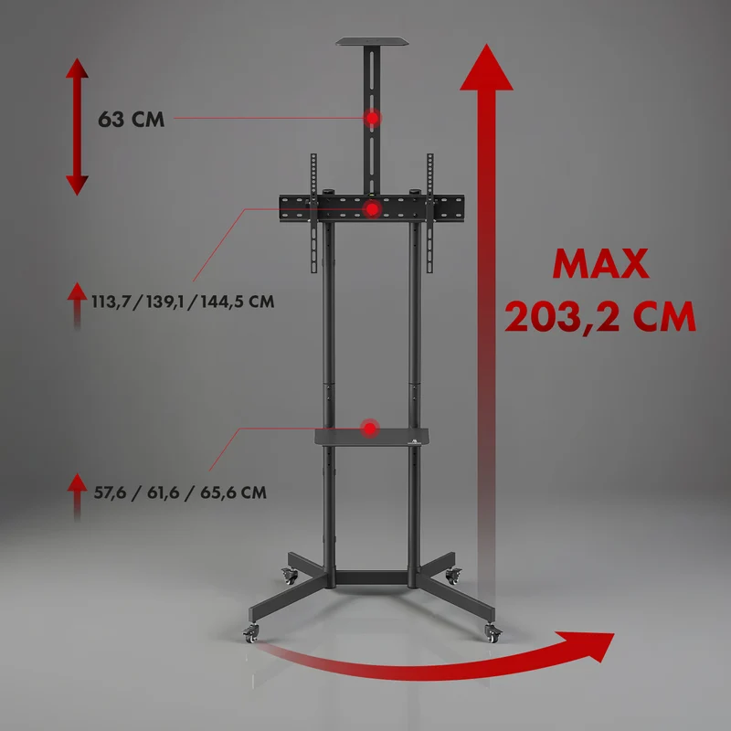 Maclean TV stand / cart, camera shelf, on wheels, 37-70", max load 45kg/5kg shelf, max. VESA 600x400, MC-113 B