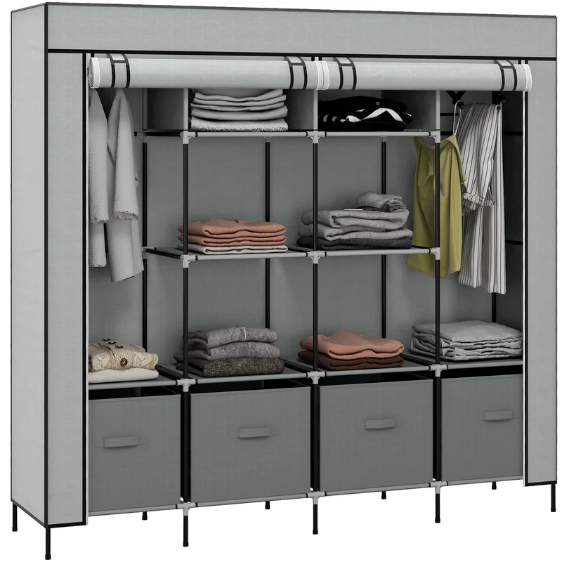 Armoire en Tissu HOMCOM avec 10 Compartiments et 4 Tiroirs – Grande Capacité, Couleur Grise