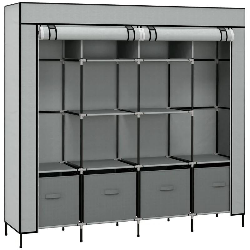 Armoire en Tissu HOMCOM avec 10 Compartiments et 4 Tiroirs – Grande Capacité, Couleur Grise