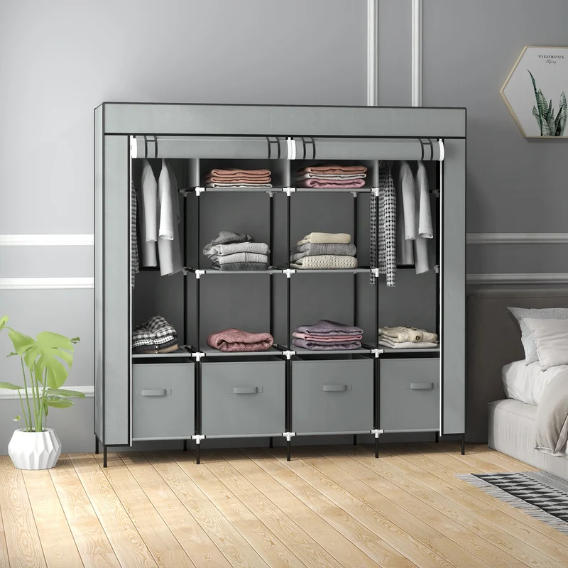 Armoire en Tissu HOMCOM avec 10 Compartiments et 4 Tiroirs – Grande Capacité, Couleur Grise