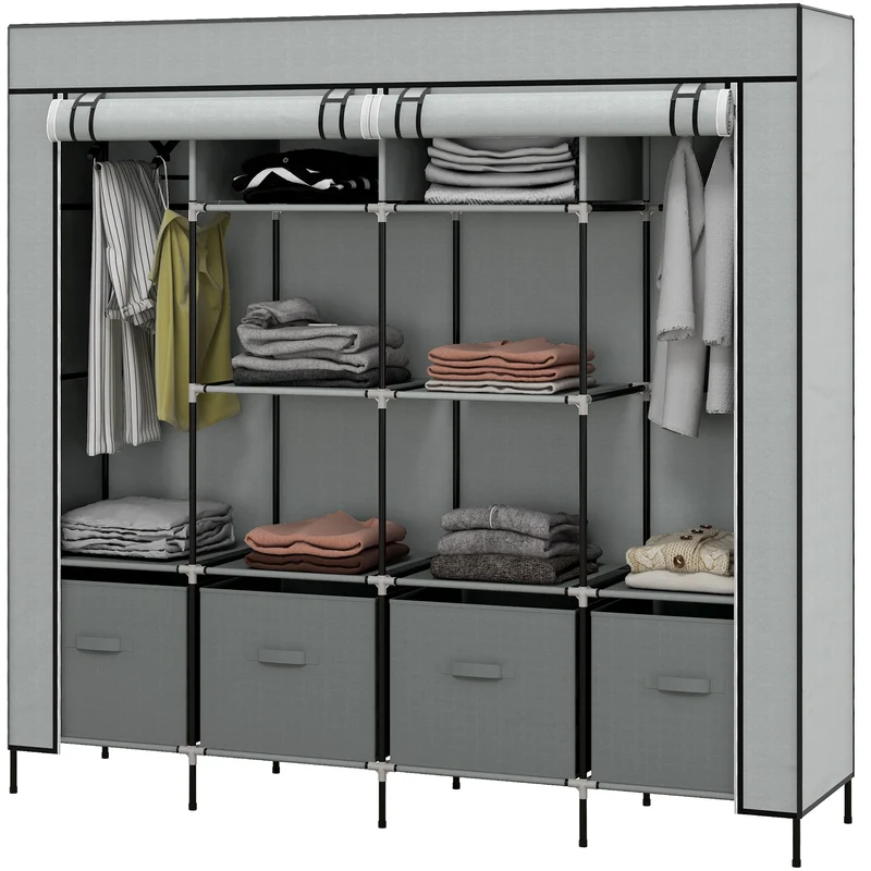 Armoire en Tissu HOMCOM avec 10 Compartiments et 4 Tiroirs – Grande Capacité, Couleur Grise