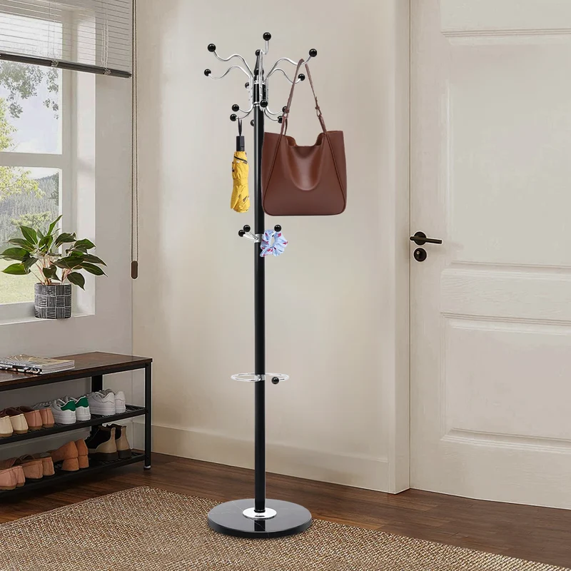 Portant à Vêtements Métallique 4 Niveaux avec 16 Crochets – Base en Marbre, Élégance et Stabilité pour Entrée et Bureau