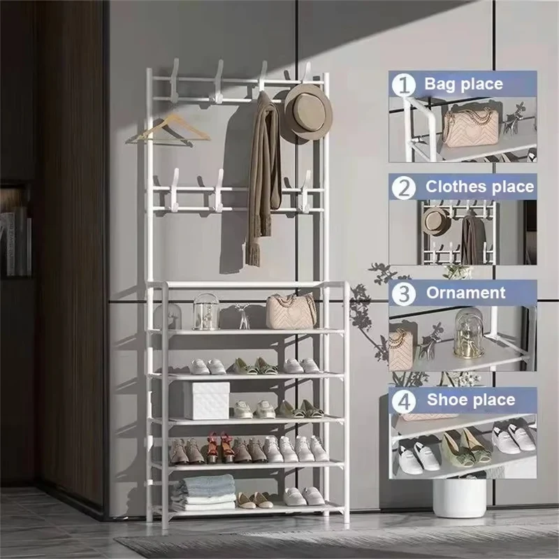 Meuble à Chaussures Multi-Niveaux avec Porte-Manteau
