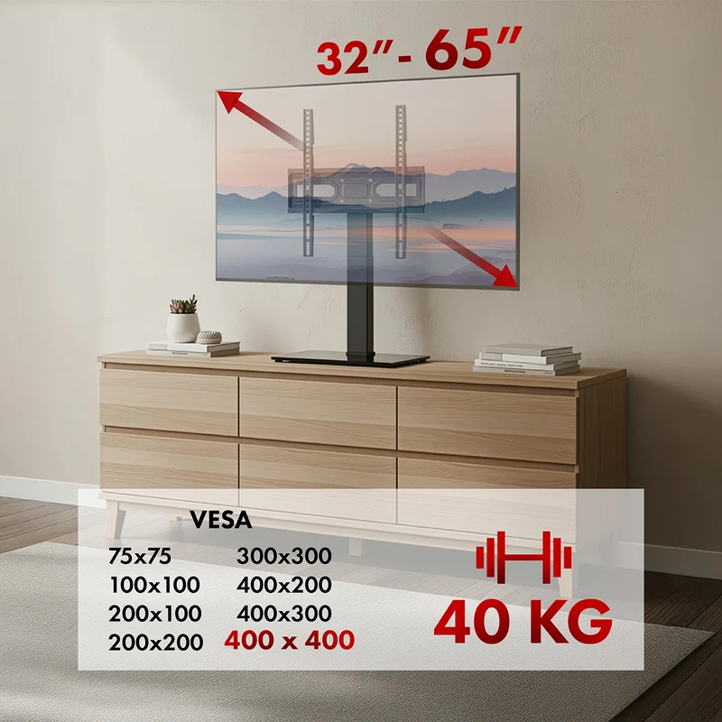 Maclean universal TV stand, for RTV cabinet, stand, max. 40kg, max. VESA 400x400, height and angle adjustment, for 32-65" TV, MC-1240