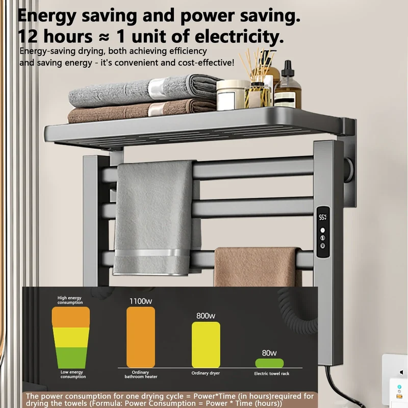 Electric Towel Rack Bathroom Warmer With Digital Display Temperature Time Control And Rail