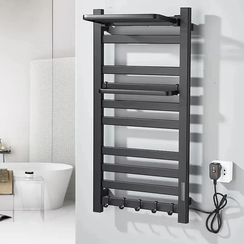 Heated Towel Rail Electric Wall Mounted Warmer With Top Storage Shelf And 5 Hooks Fast Heating