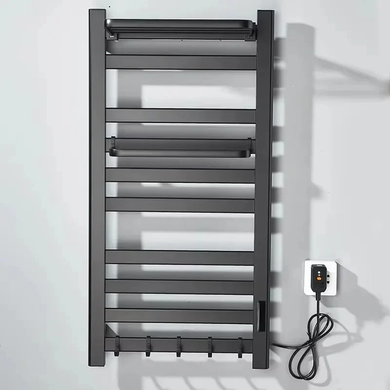 Heated Towel Rail Electric Wall Mounted Warmer With Top Storage Shelf And 5 Hooks Fast Heating