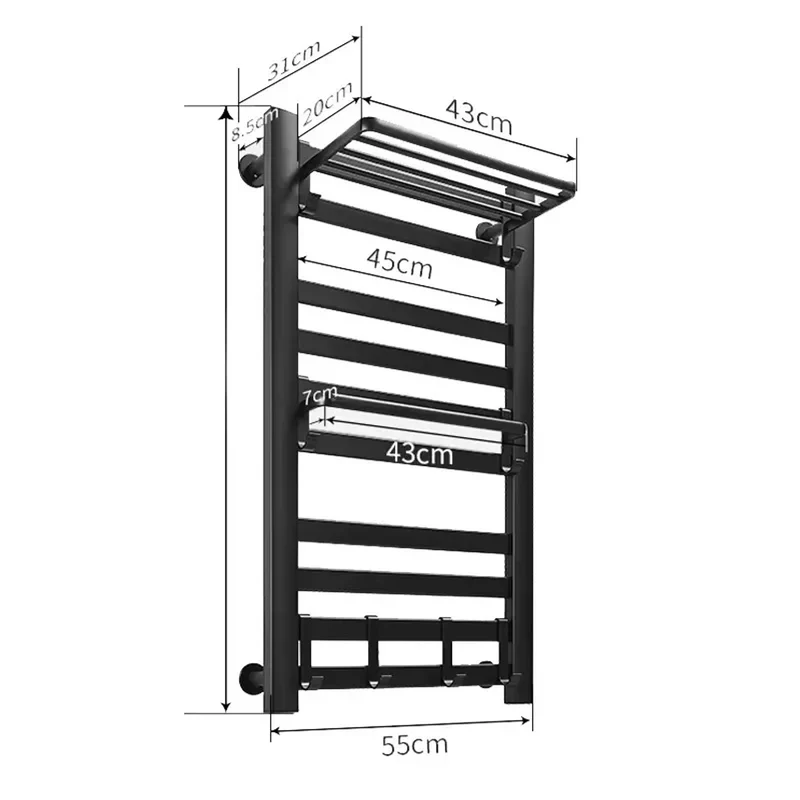 Heated Towel Rail Electric Wall Mounted Warmer With Top Storage Shelf And 5 Hooks Fast Heating