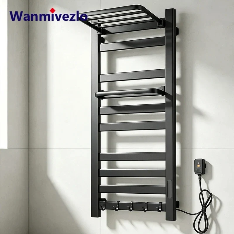 Heated Towel Rail Electric Wall Mounted Warmer With Top Storage Shelf And 5 Hooks Fast Heating