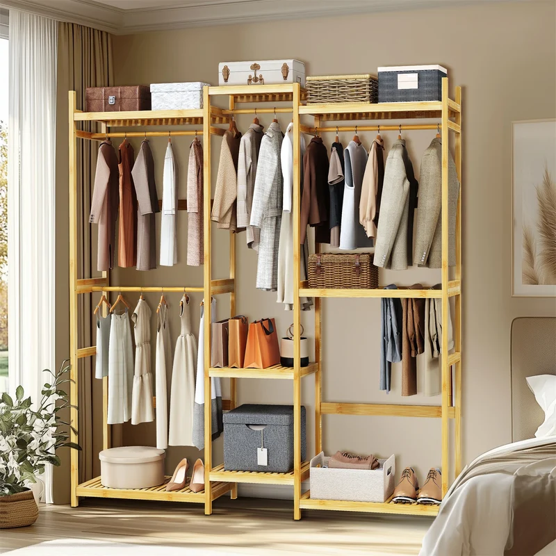 Portant à Vêtements en Bambou 196cm - Penderie Autoportante avec Étagères