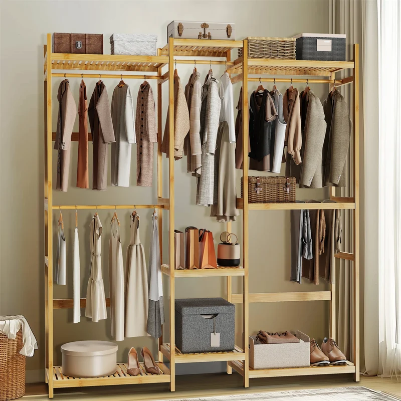 Portant à Vêtements en Bambou 196cm - Penderie Autoportante avec Étagères