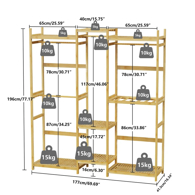 Portant à Vêtements en Bambou 196cm - Penderie Autoportante avec Étagères
