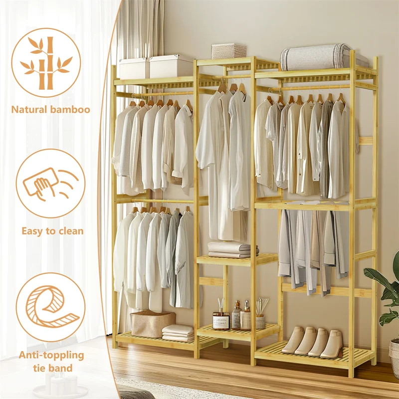 Portant à Vêtements en Bambou 196cm - Penderie Autoportante avec Étagères