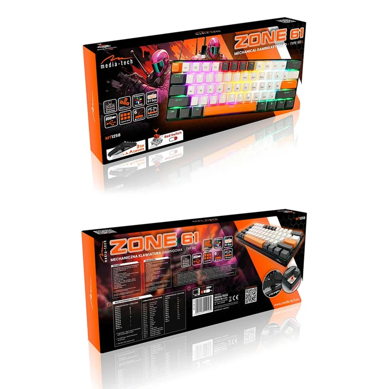 ZONE 61 - Short 60% mechanical gaming keyboard, silent RED mechanical switches, colorful backlighting, 61 keys, USB-C, Mediatech