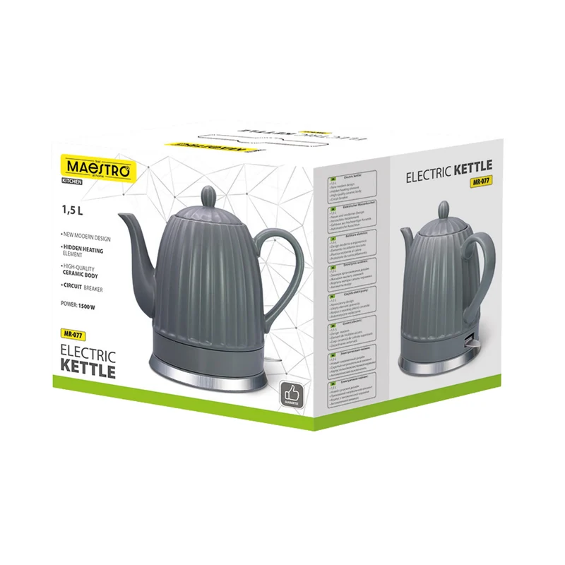 Maestro Ceramic Electric Kettle, gray, 1500W, 1.5L capacity, swivel base, water level indicator, 65cm power cord, MR-077