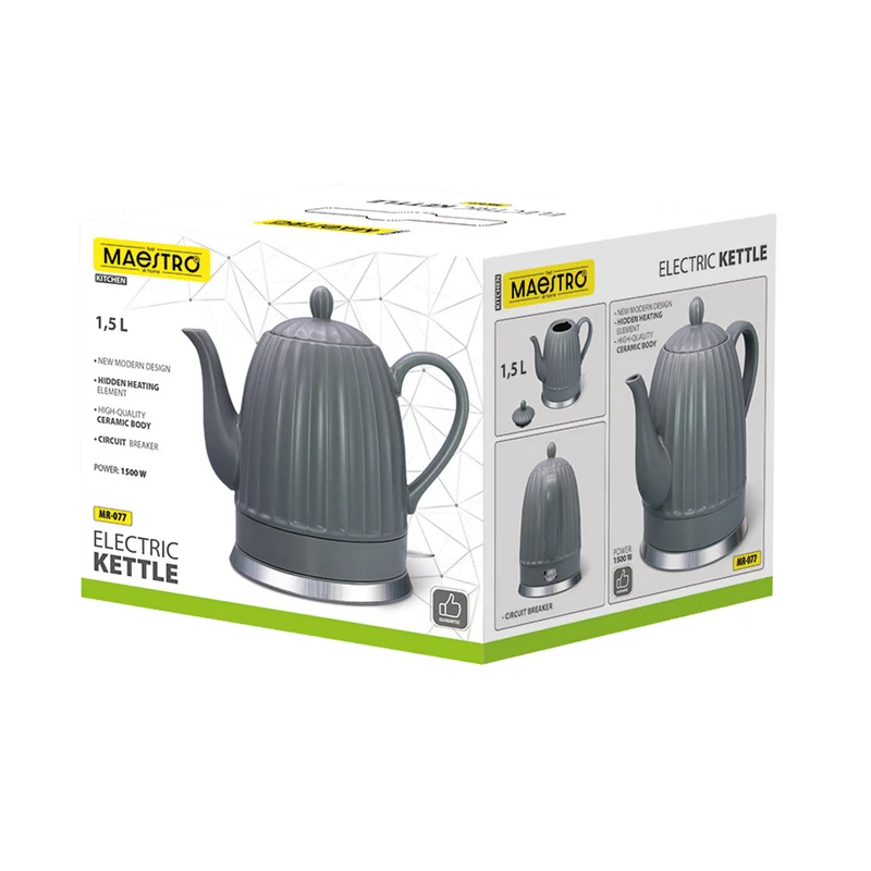 Maestro Ceramic Electric Kettle, gray, 1500W, 1.5L capacity, swivel base, water level indicator, 65cm power cord, MR-077