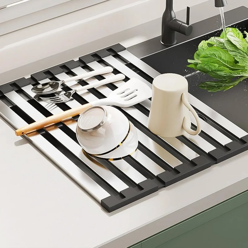 Rollable Dish Drying Rack With Stainless Steel Construction