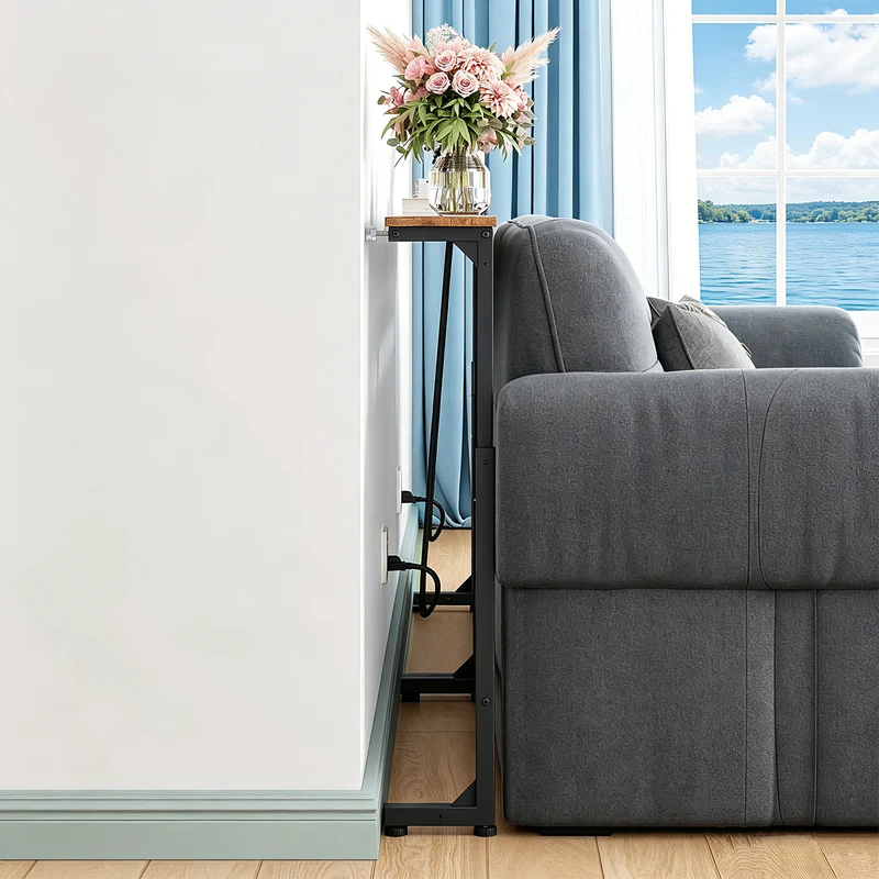 Maclean Console/Side Table with Charging Strip, black with a rustic tabletop, height adjustable 62–83 cm, max. 25 kg, 2.5 m cord, MC-140 B