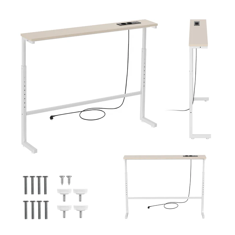 Maclean Console/Side Table with Charging Strip, white with a light-colored top, height adjustable 62–83 cm, max. 25 kg, 2.5 m cord, MC-140 W