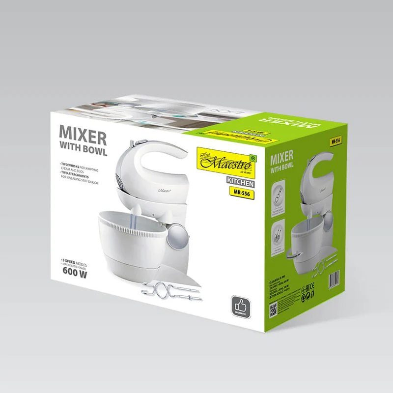 Maestro MR-556 Stand Mixer with Rotating Bowl 600W Turbo Mode 5 Speeds Dough Kneading Hooks Attachments + Mixing Whipping Whisks Kitchen Modern HQ