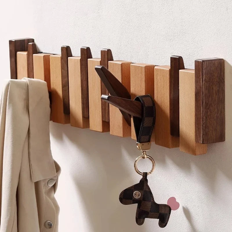 Coat Rack Wall Hooks Storage Wooden Folding Mounted