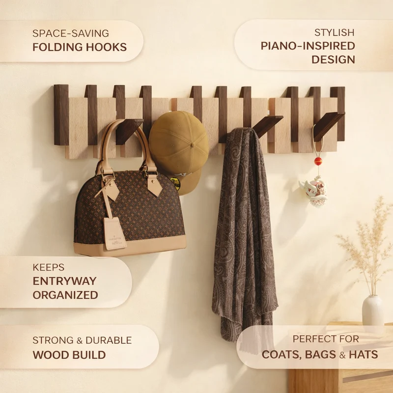 Coat Rack Wall Hooks Storage Wooden Folding Mounted