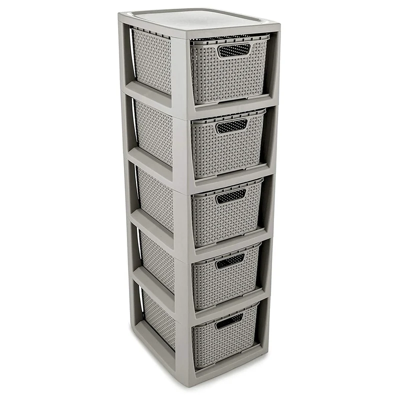 BranQ Rattan Rack with 5 Baskets Drawers with a Capacity of 7 Liters Storage Colour Gray