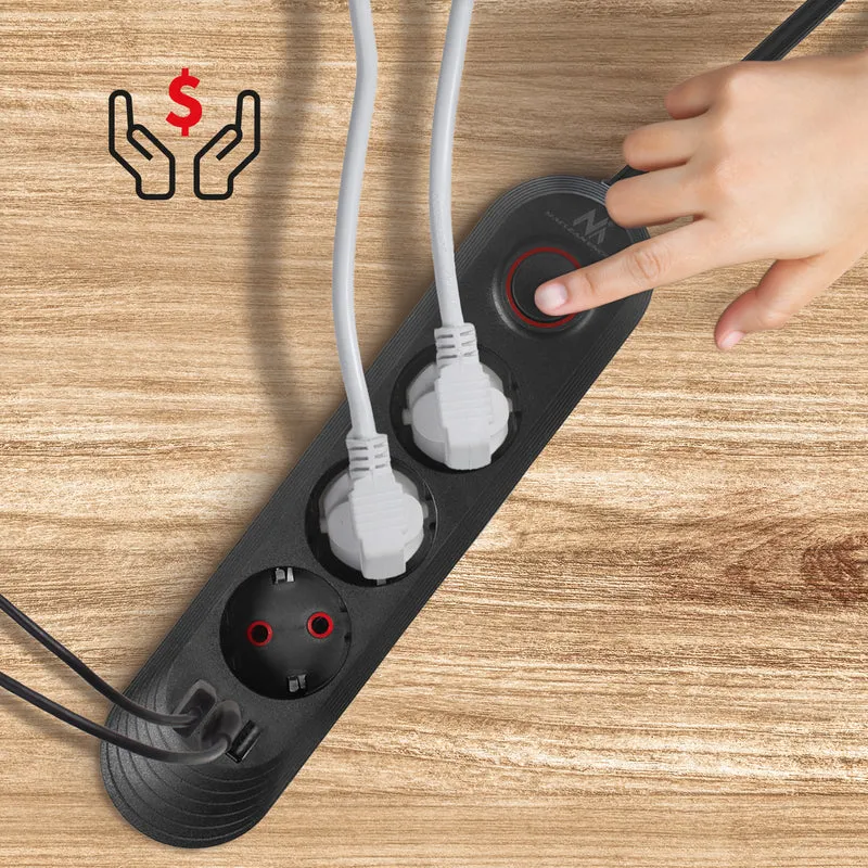 Maclean power strip, 3-socket extension cable + 3xUSB, 110-240V AC 50/60Hz, 2.1A max 2500W, 1.5m, black, MCE394 B