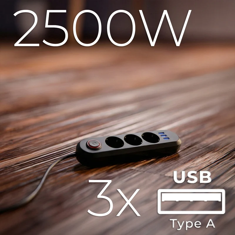 Maclean power strip, 3-socket extension cable + 3xUSB, 110-240V AC 50/60Hz, 2.1A max 2500W, 1.5m, black, MCE394 B