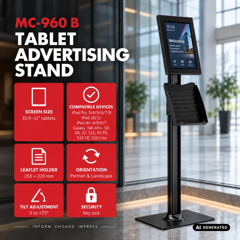Maclean Tablet Advertising Mount with Lock, 10.9"–11", iPad Air/Pro, Samsung Tab A & S Series, 220x323x22mm, MC-960 B