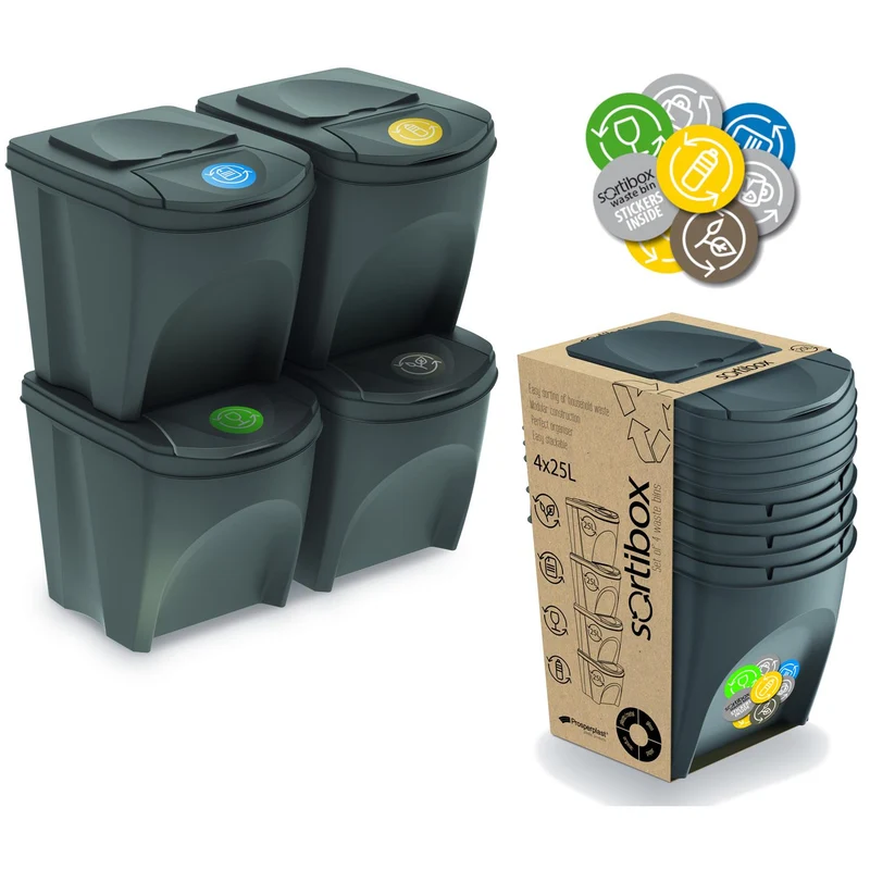Prosperplast IKWB20S4-405U Sorting Waste Bin Set Recycling Segregation Container ECO Stackable 4 x 25L