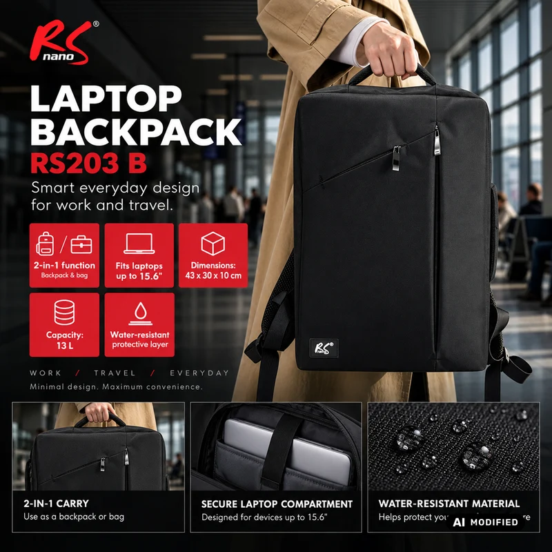 NanoRS Laptop Backpack, 15.6", black, 43x30x10, waterproof RS203 B