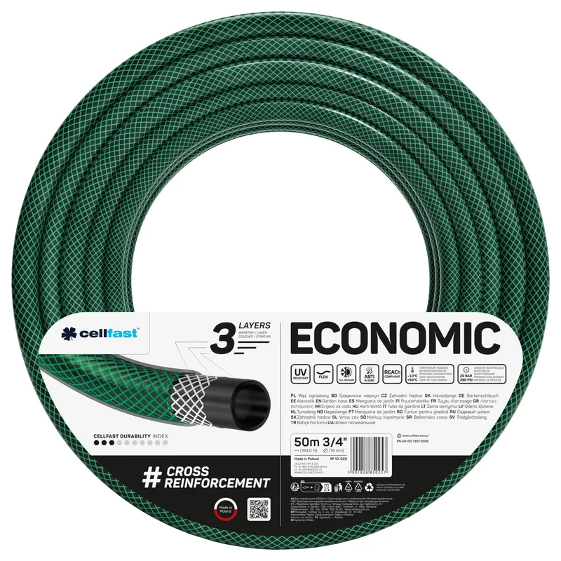 Cellfast Economic 3/4" 50m Garden Hose + Brass Quick-Connect Fitting and 3/4" Through-Fitting + 3/4" Female Threaded Connector + Rotating Sprinkler + Pistol-Style Sprinkler