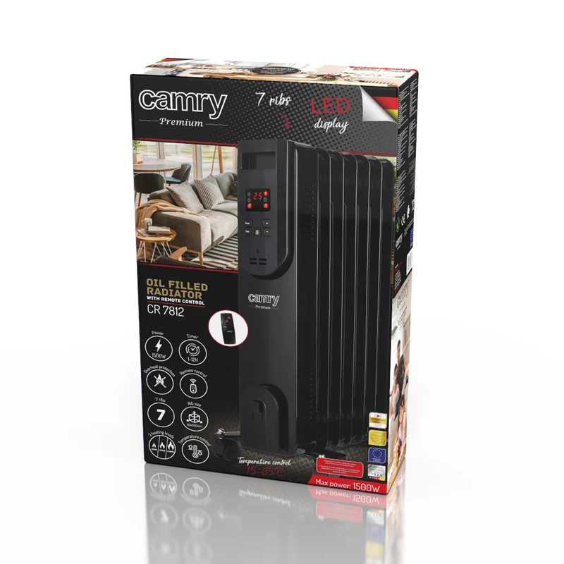 Camry CR7812 Oil Heater Radiator Electric 7 Fin LED Display Remote Control Timer Portable 1500W