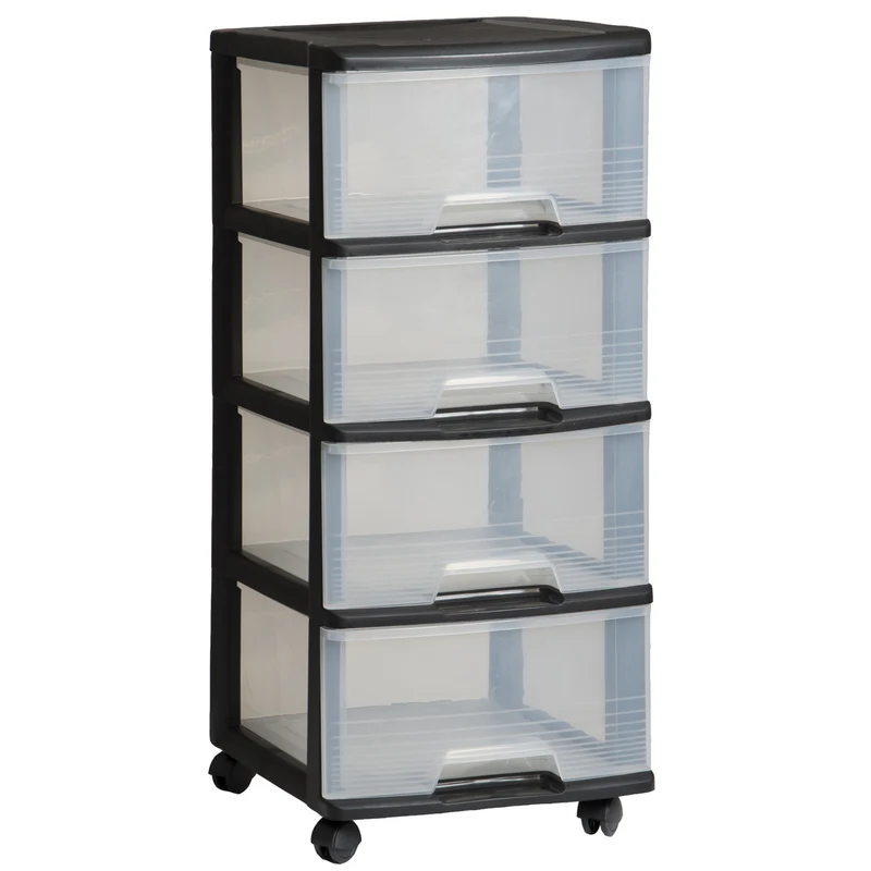 Curver Storage Unit on Casters, Black, 4 Clear 20-Liter Drawers, Casters, 214756