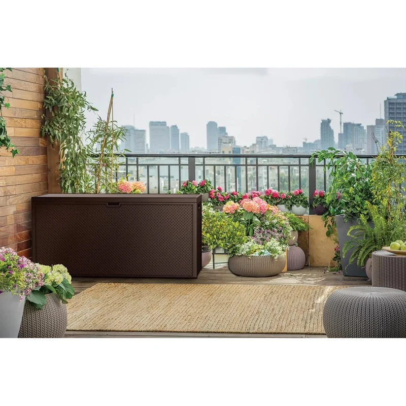 Keter Emily Garden Storage Bin, capacity 277L, brown, max. load capacity 20kg, weather-resistant, features handles and wheels, 249719