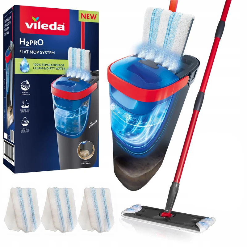 Vileda H2prO flat mop, 100% separation of clean and dirty water, two tanks, 3 microfiber pads, 360° tip, 175774