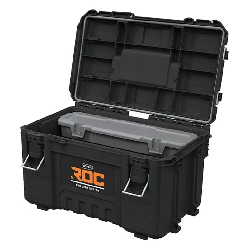 Keter ROC Pro Gear 2.0 Tool Box, 54 kg load capacity, features Pro Mount handles, includes an organizer, can be mounted on the wall, 256984