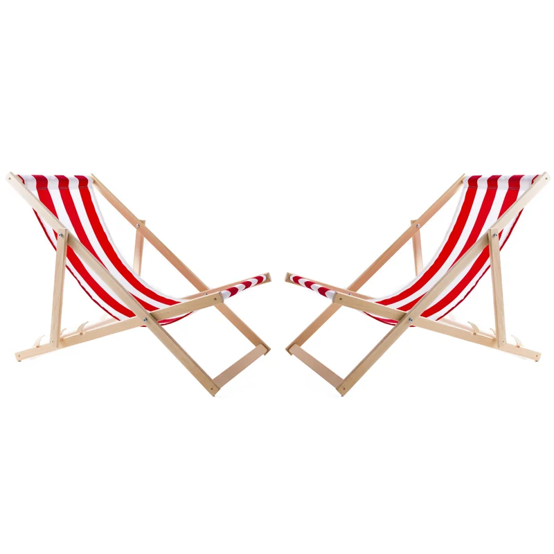 Set of 2 WOODOK beech wooden deck chairs - red and white stripes color