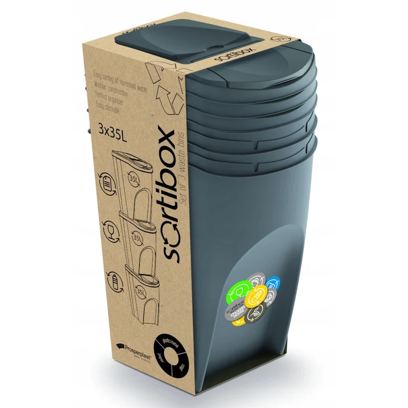 Sortibox 3x35L Grey Recycling Bin Set – Efficient Waste Sorting Solution