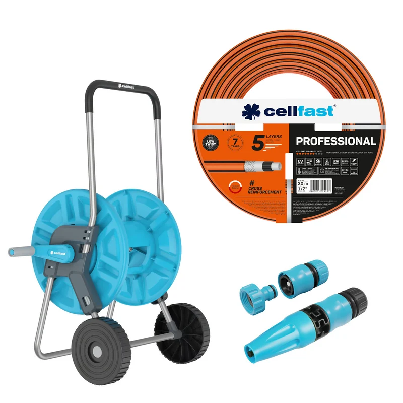 Cellfast Aluplus 1/2" 60m Hose Cart + Cellfast PROFESSIONAL 1/2" 30m Garden Hose + Cellfast Basic 1/2" Straight Sprinkler Set