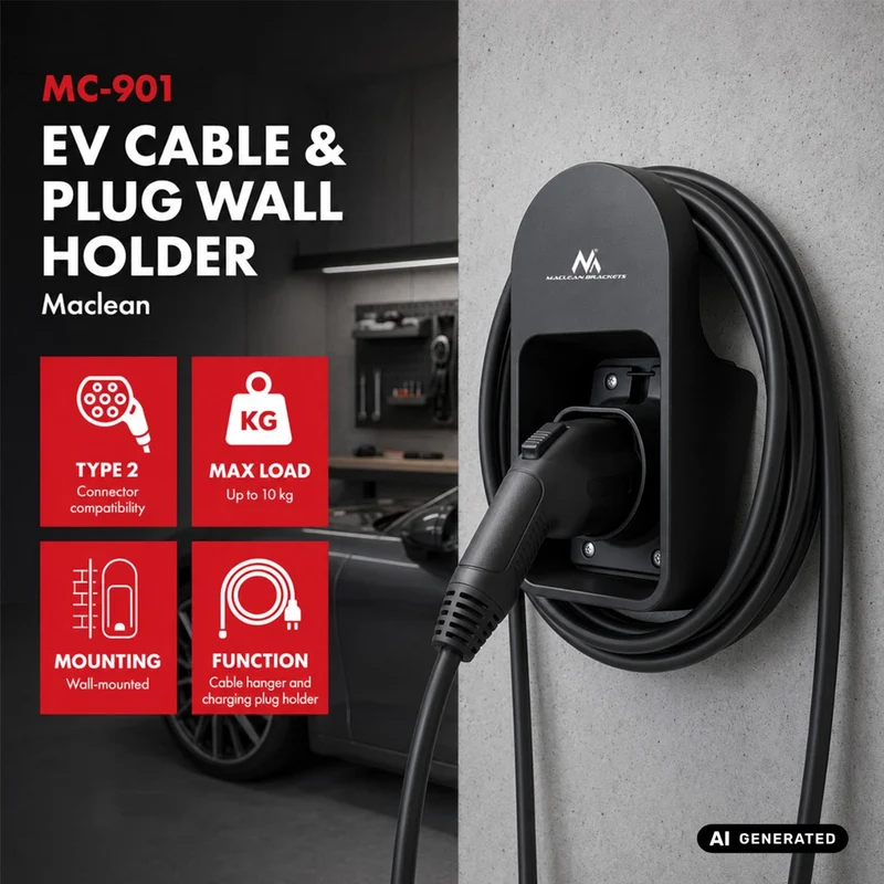 Maclean EV Charger Cable and Plug Wall Mount, Universal, Type 2, Max. Load 10 kg, MC-901