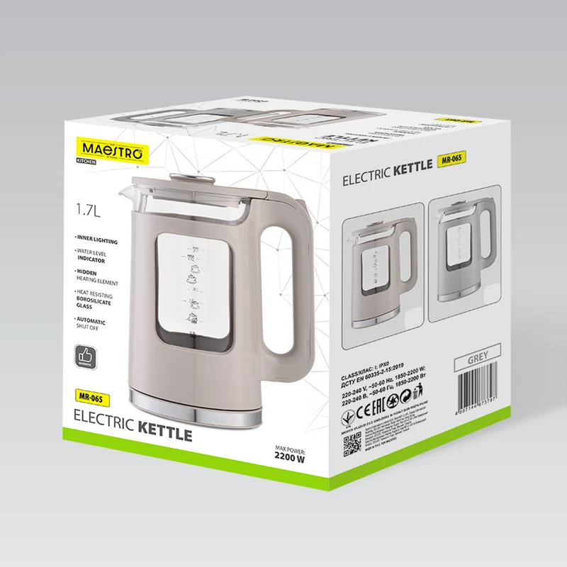 Maestro Glass Electric Kettle, 1.7 L capacity, 2200 W power, water level indicator, LED backlight, swivel base, beige, MR-065-BEIGE